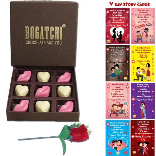 BOGATCHI Chocolate Hearts and Kisses Valentine Gifts for Girlfriend- Boyfriend- Husband-Wife,9pcs + Free Valentines All 8 Day Card and Rose